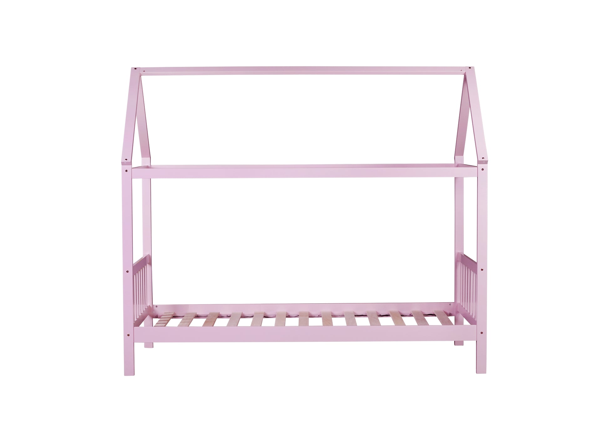 Pink wooden house bed frame with slatted base