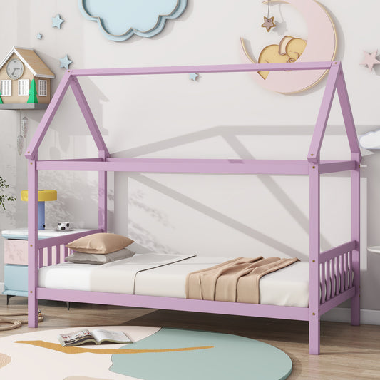 Lavender wood twin house bed with white mattress and beige throw