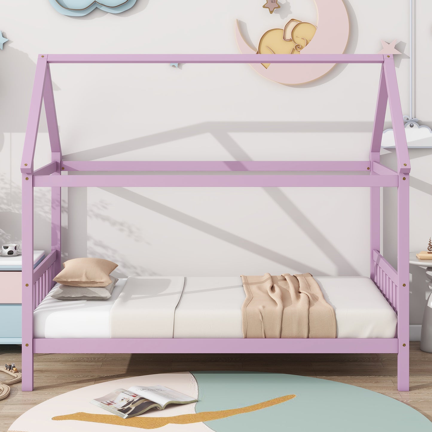 Lavender wood house bed frame with bedding and pillows