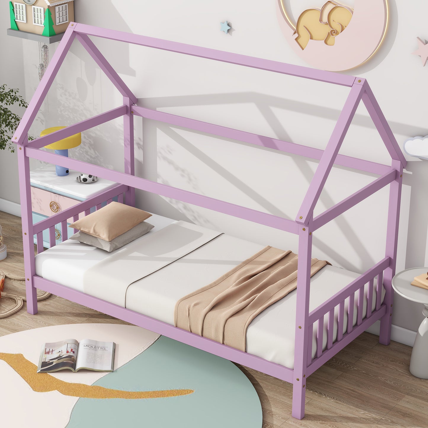 Lavender wood house bed frame for kids room