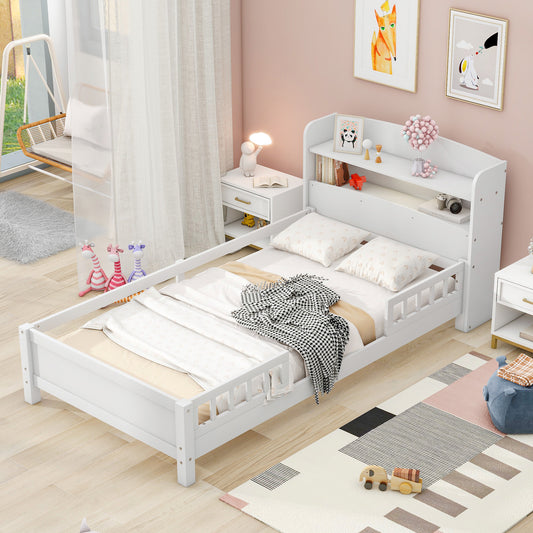 TREATLIFE HOME Wood Twin Size Platform Bed with Storage Headboard and Built-in LED Light, White