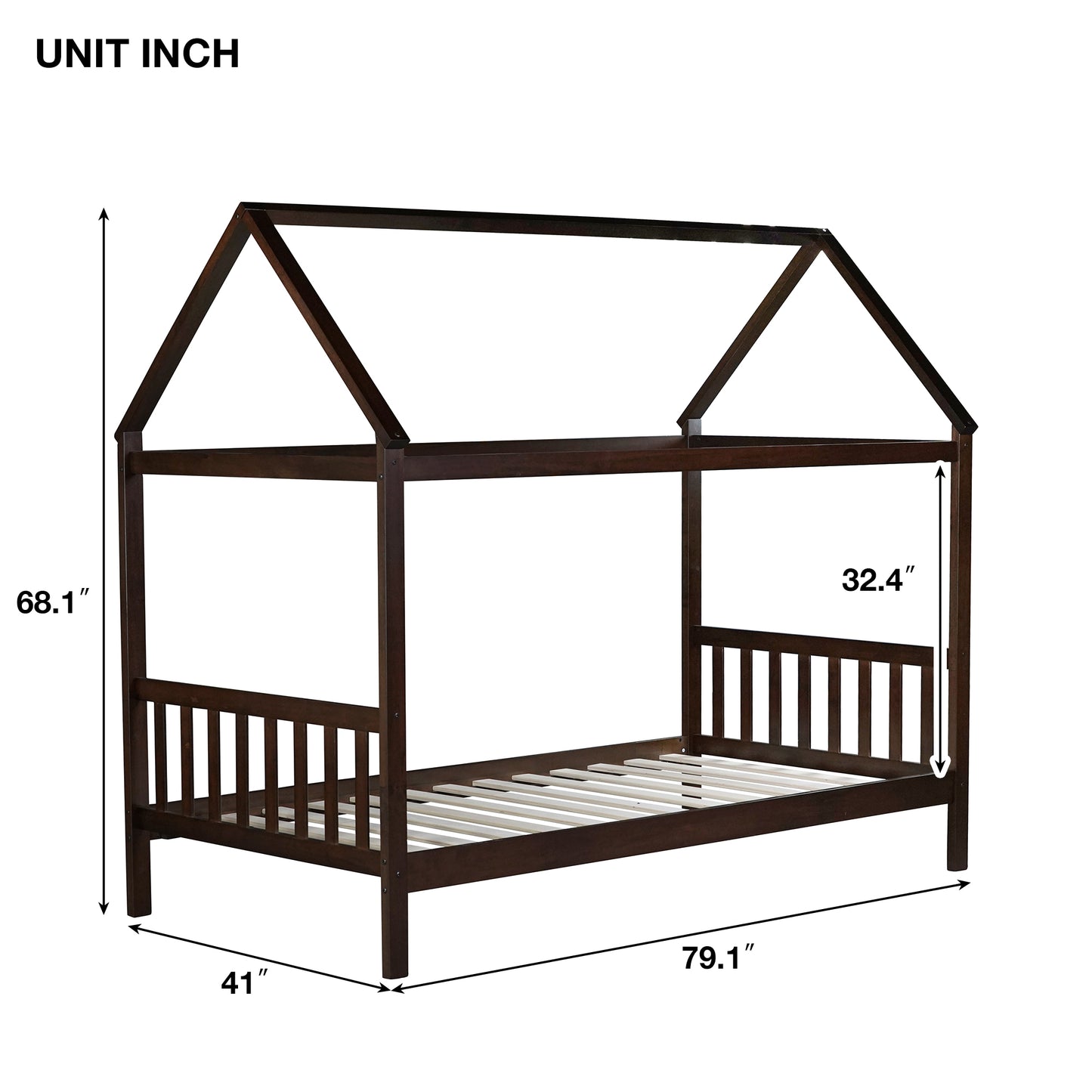 Dark brown wooden house bed frame with slatted base