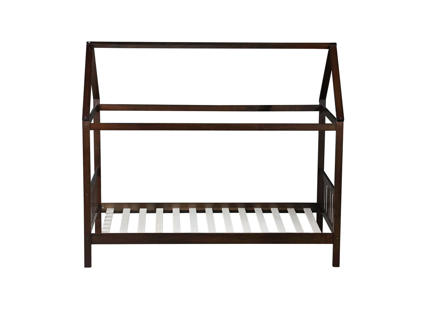 Dark brown wooden toddler house bed frame with slatted base