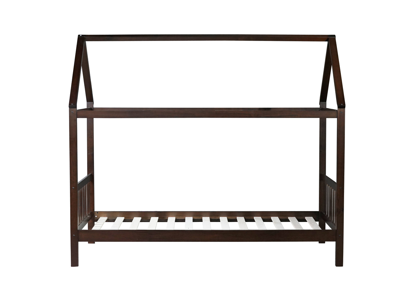 Dark wood house bed frame with slatted base