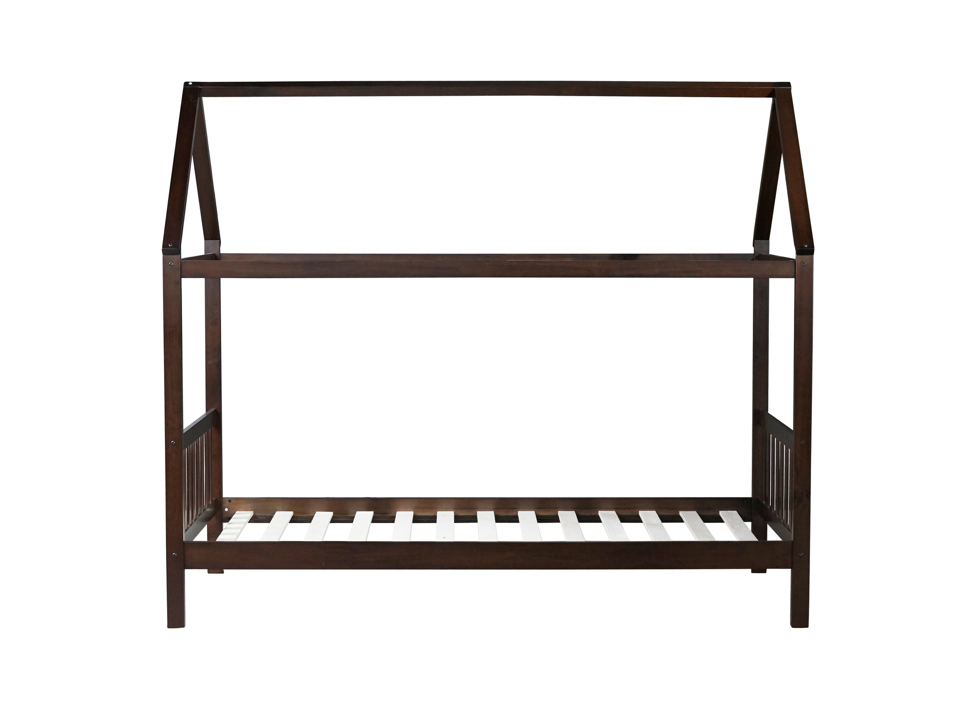 Dark wood house bed frame with slatted base