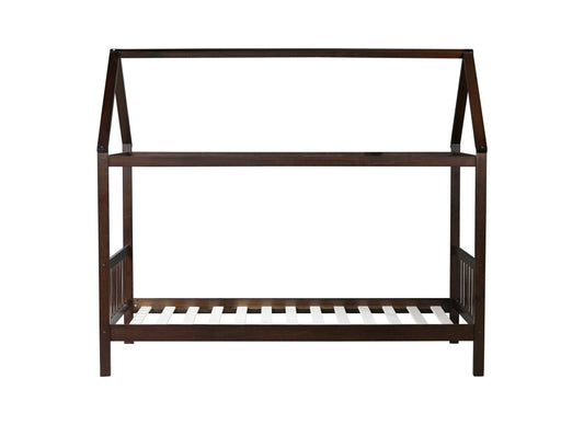 Dark wood house bed frame with slatted base