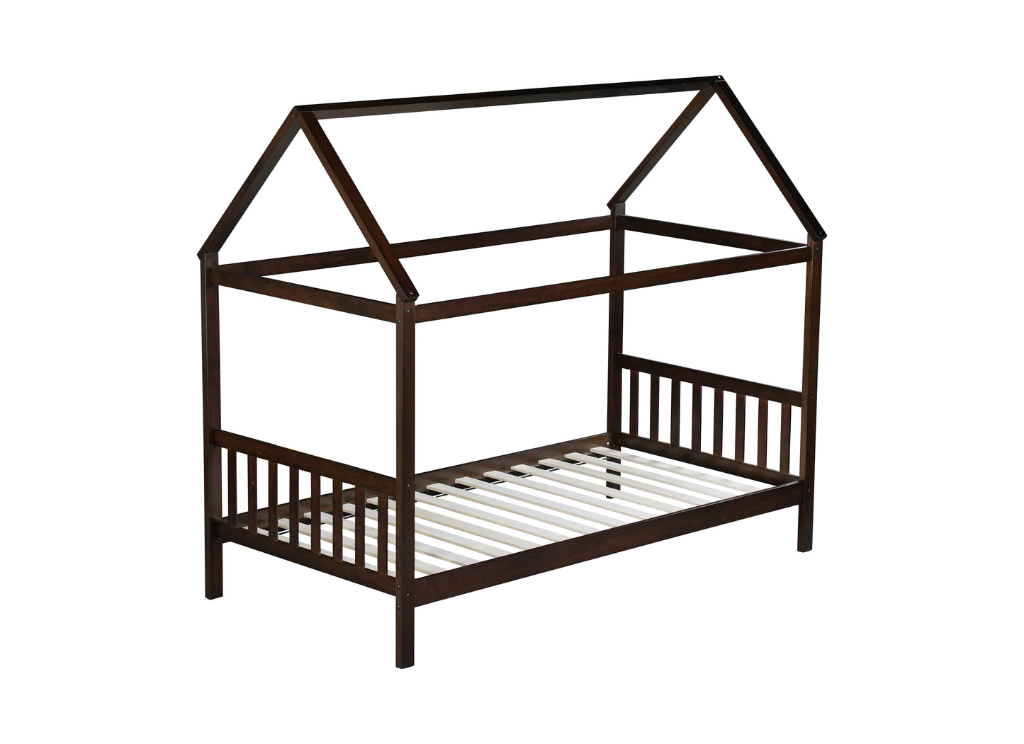 Dark brown wooden house bed frame with slatted base