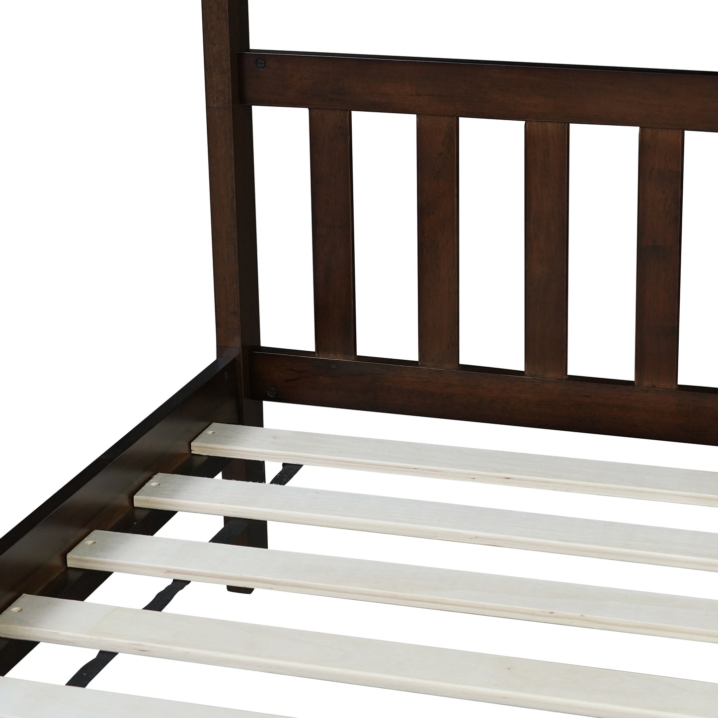 Dark wood twin bed frame with slatted base