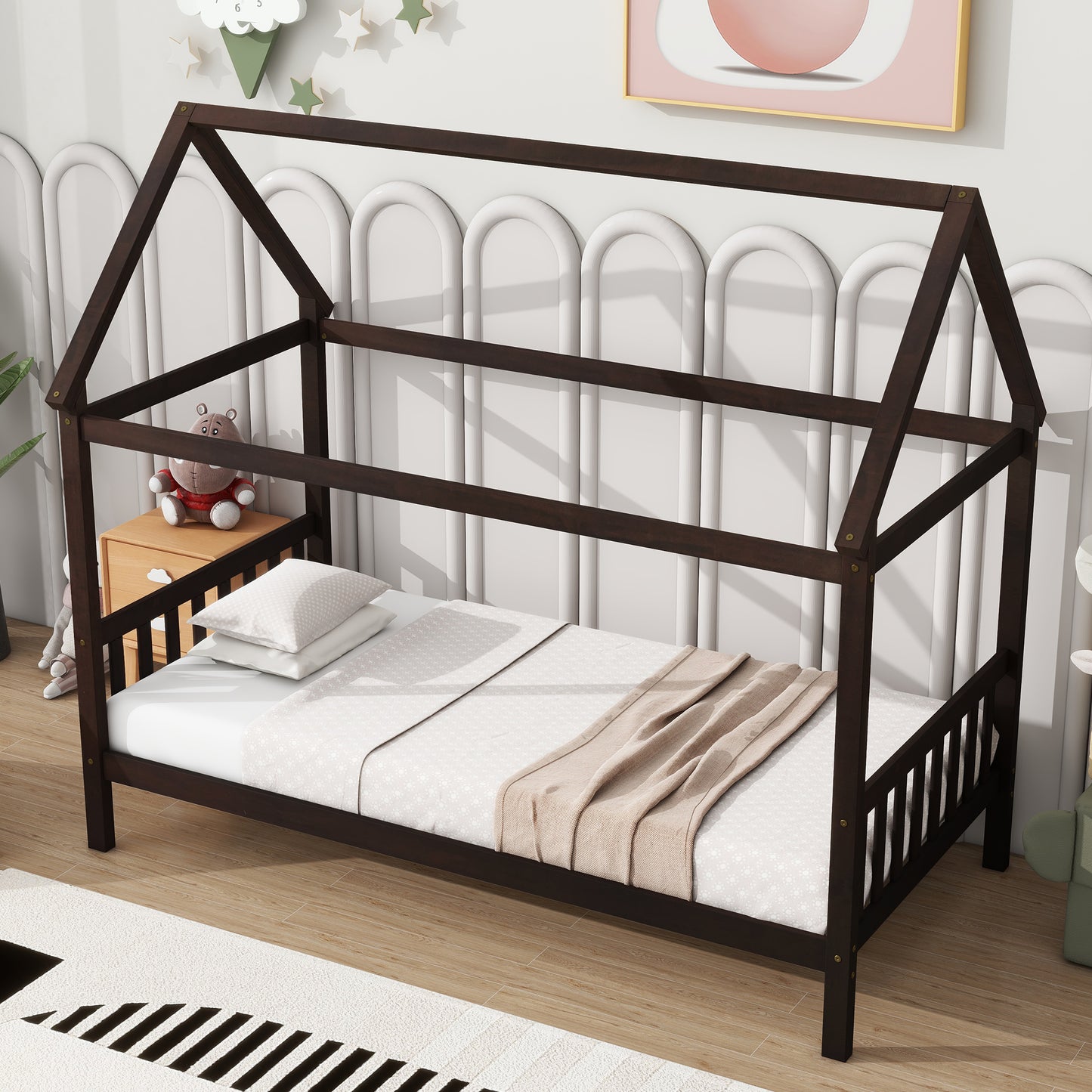 Dark brown wooden house bed frame with white bedding
