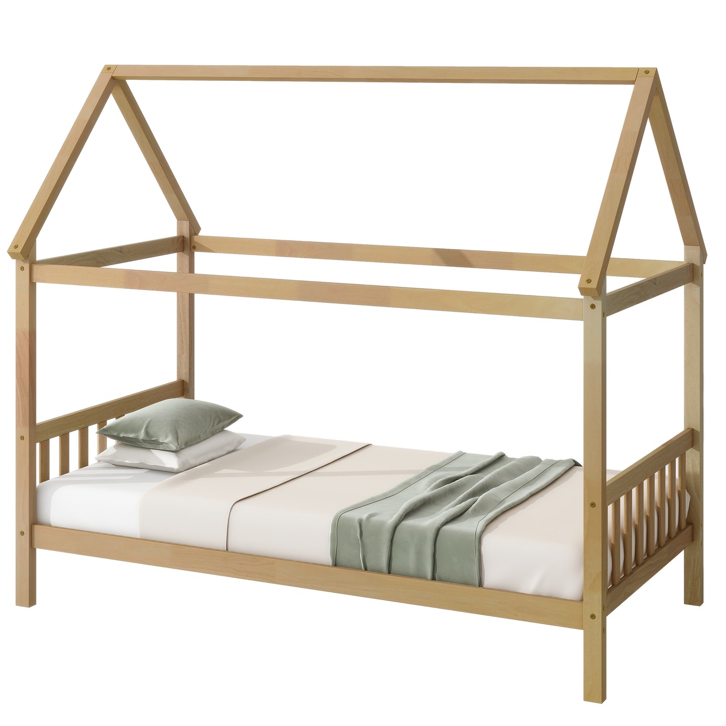 Natural pine wood house bed frame with slatted sides and a roof structure