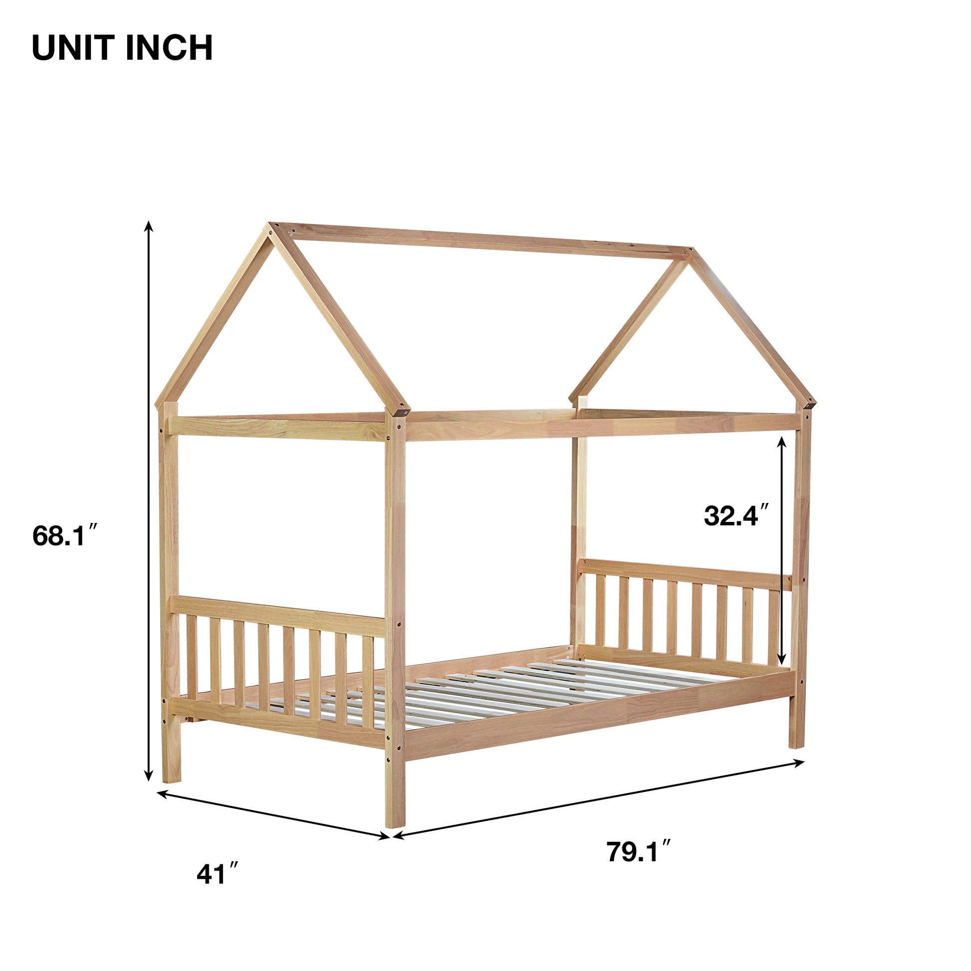 Natural wood house bed frame