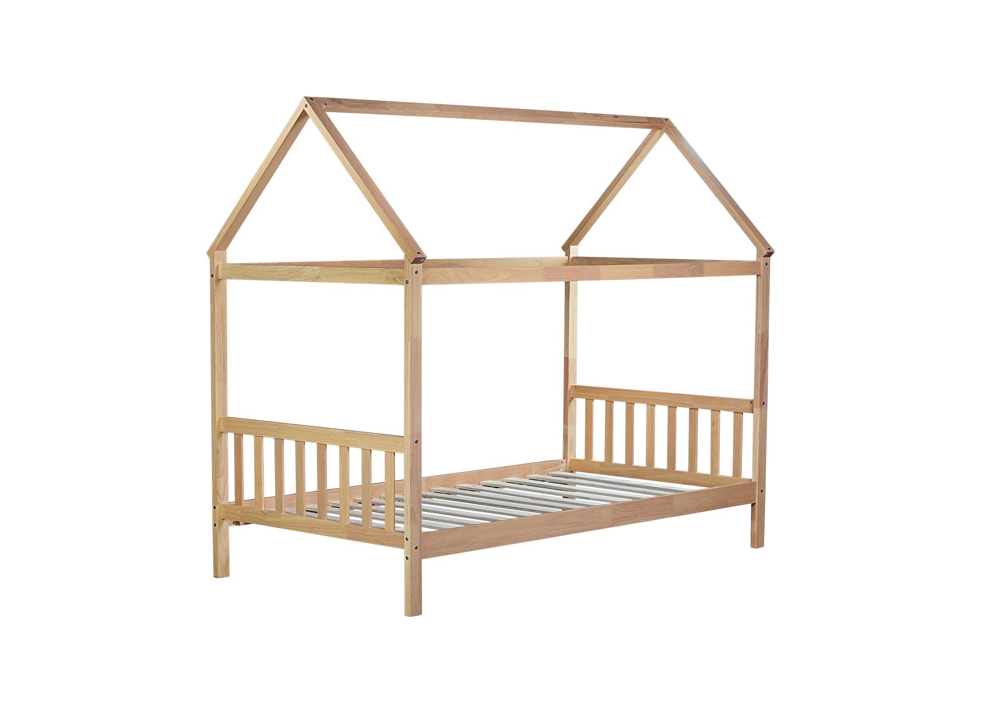 Natural wood house bed frame with slatted sides and mattress base for children