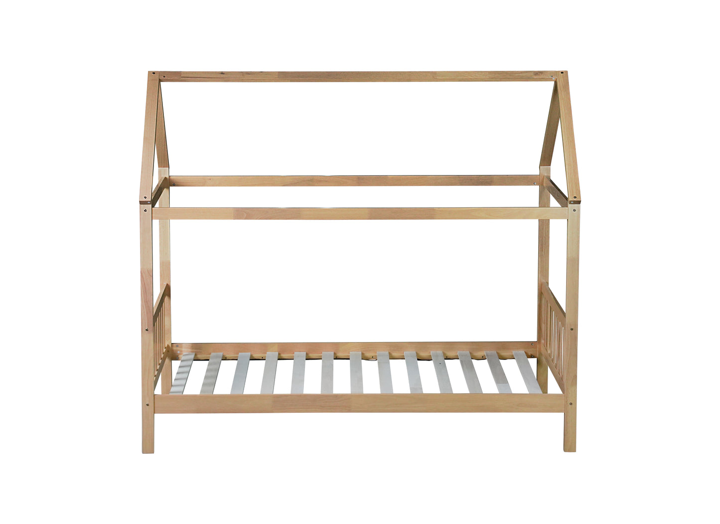 Natural wood toddler bed frame with roof design
