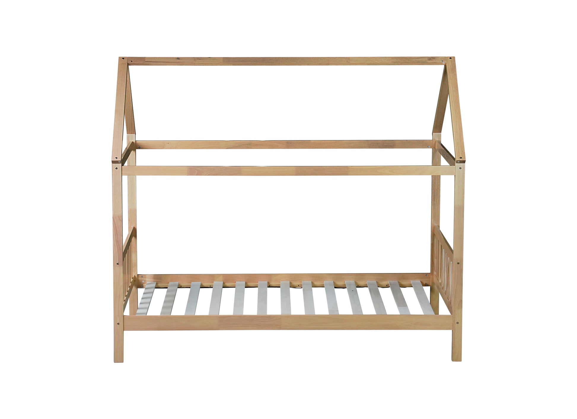 Natural wood toddler bed frame with roof design