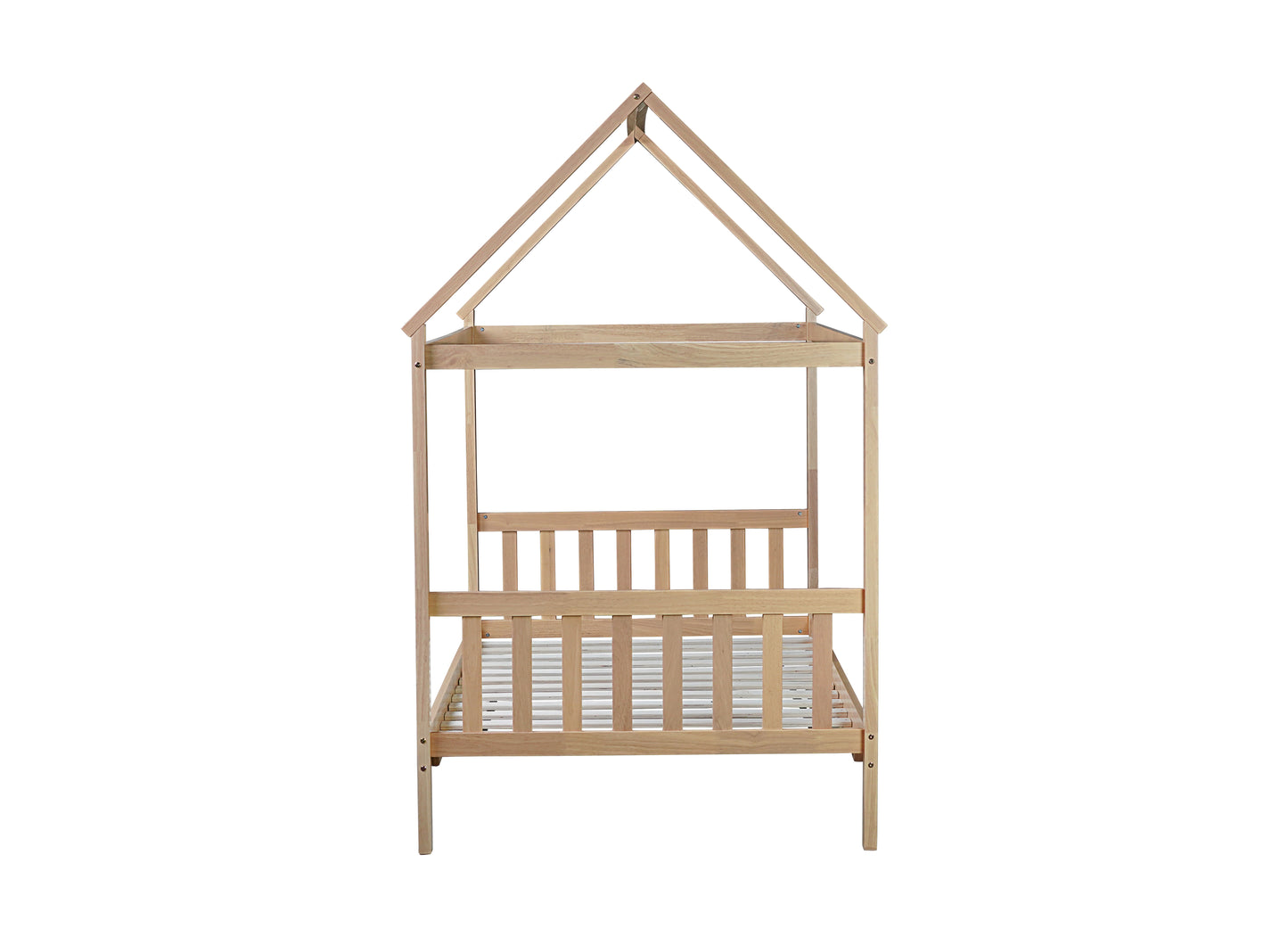 Natural wood twin house bed frame with slatted base