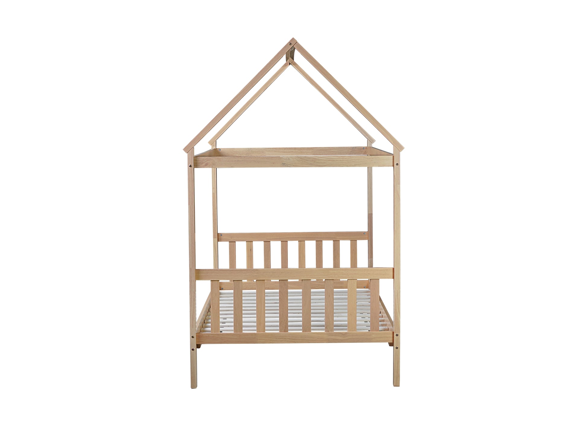 Natural wood twin house bed frame with slatted base