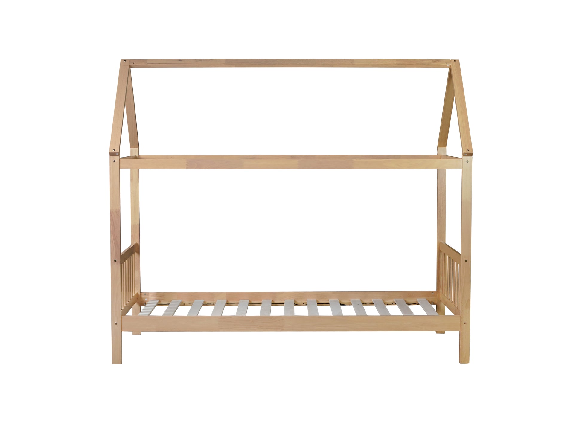 Natural pine wood house bed frame with slatted base for kids