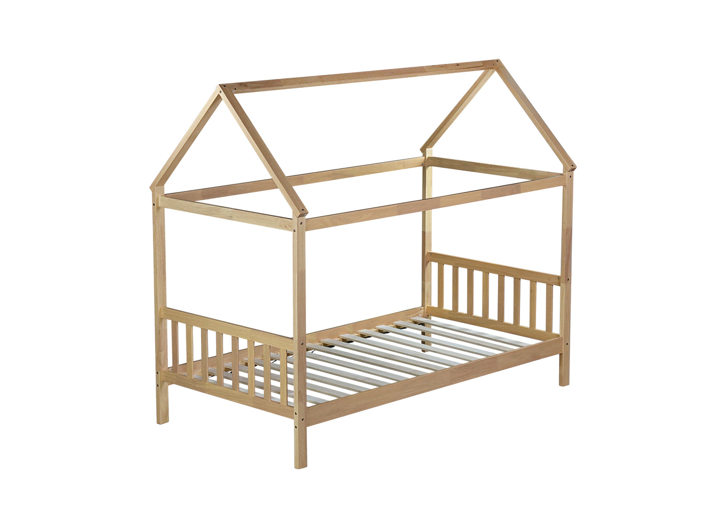 Natural pine wood toddler bed with house frame design
