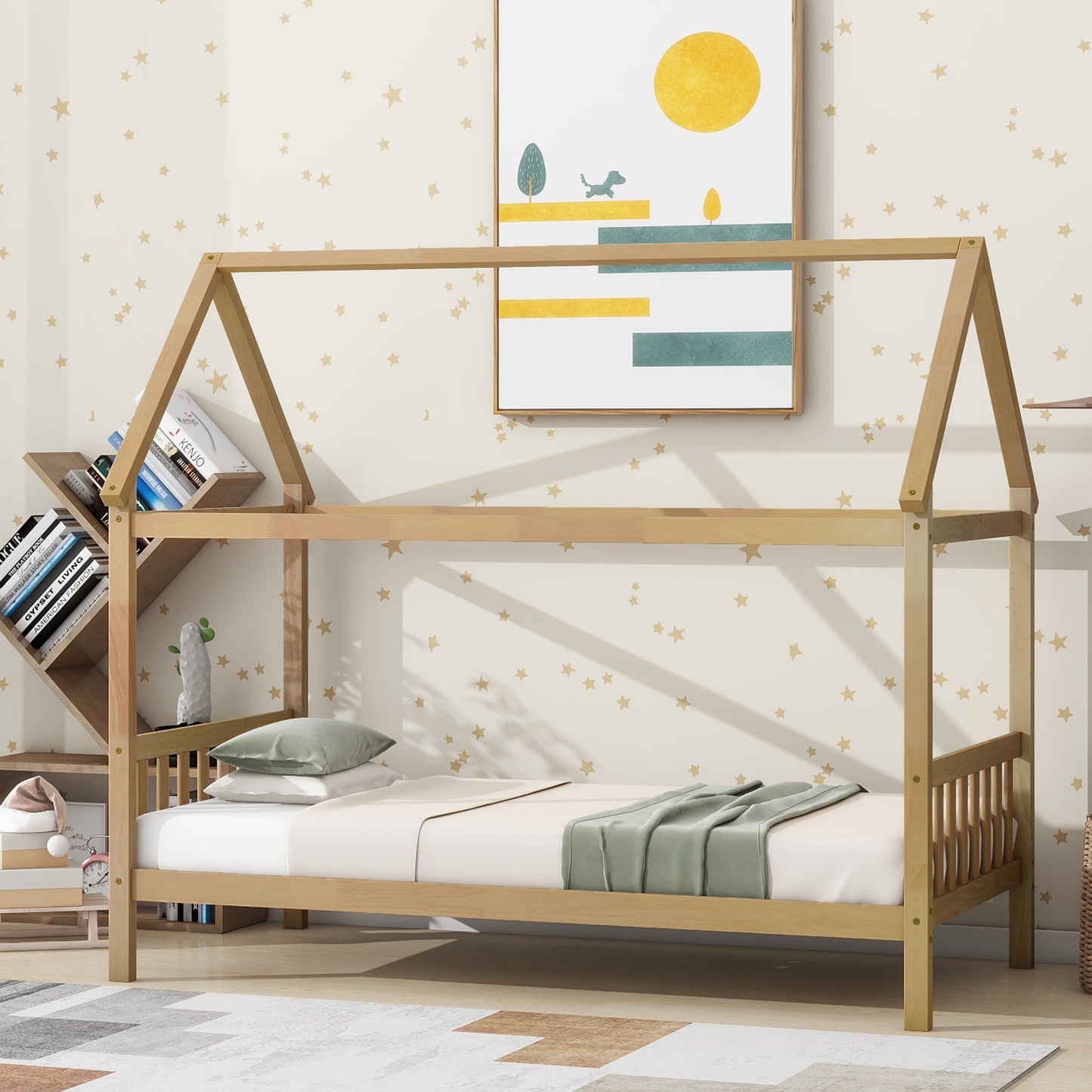 Natural pine wood house bed frame for kids room
