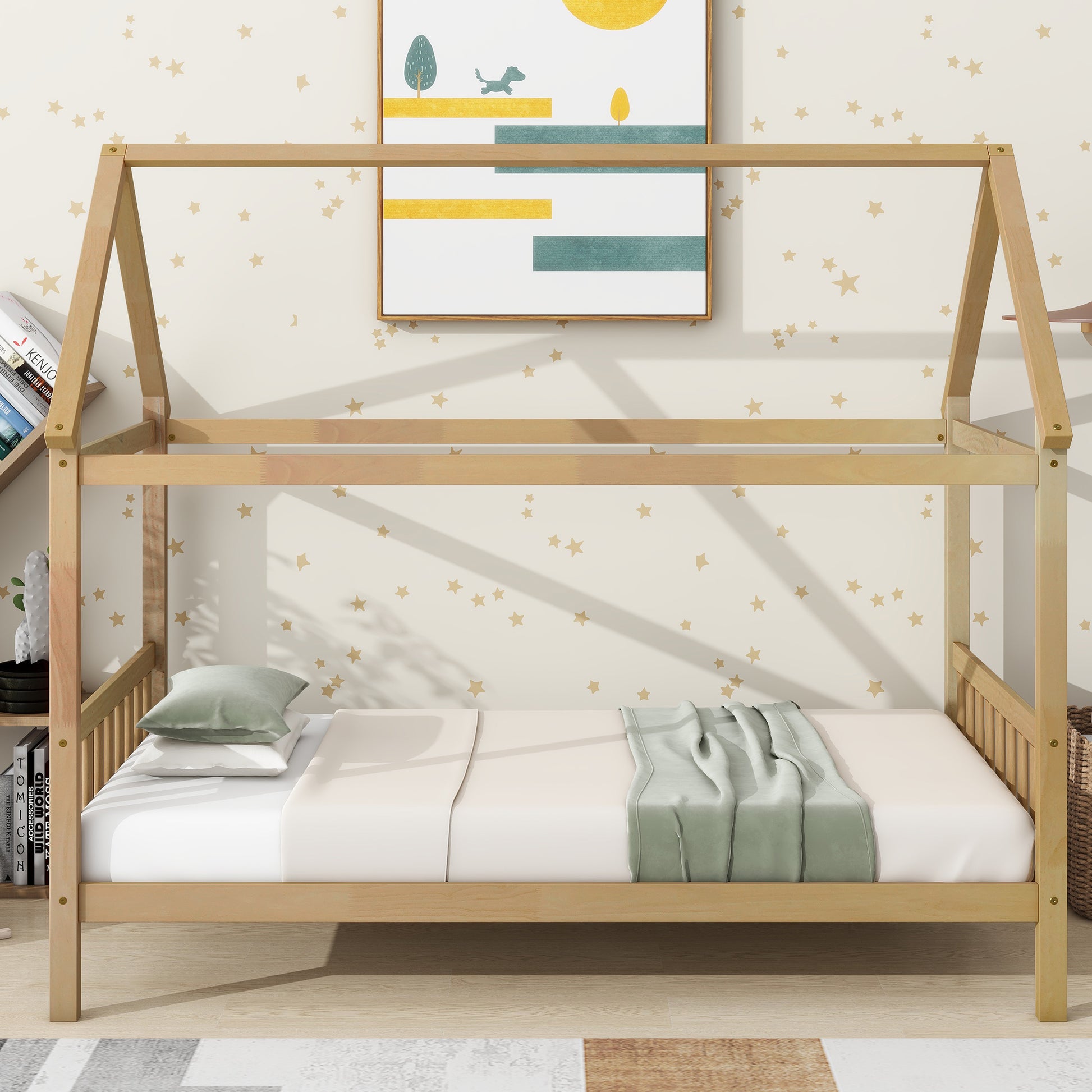 Wooden twin house bed frame with mattress and bedding
