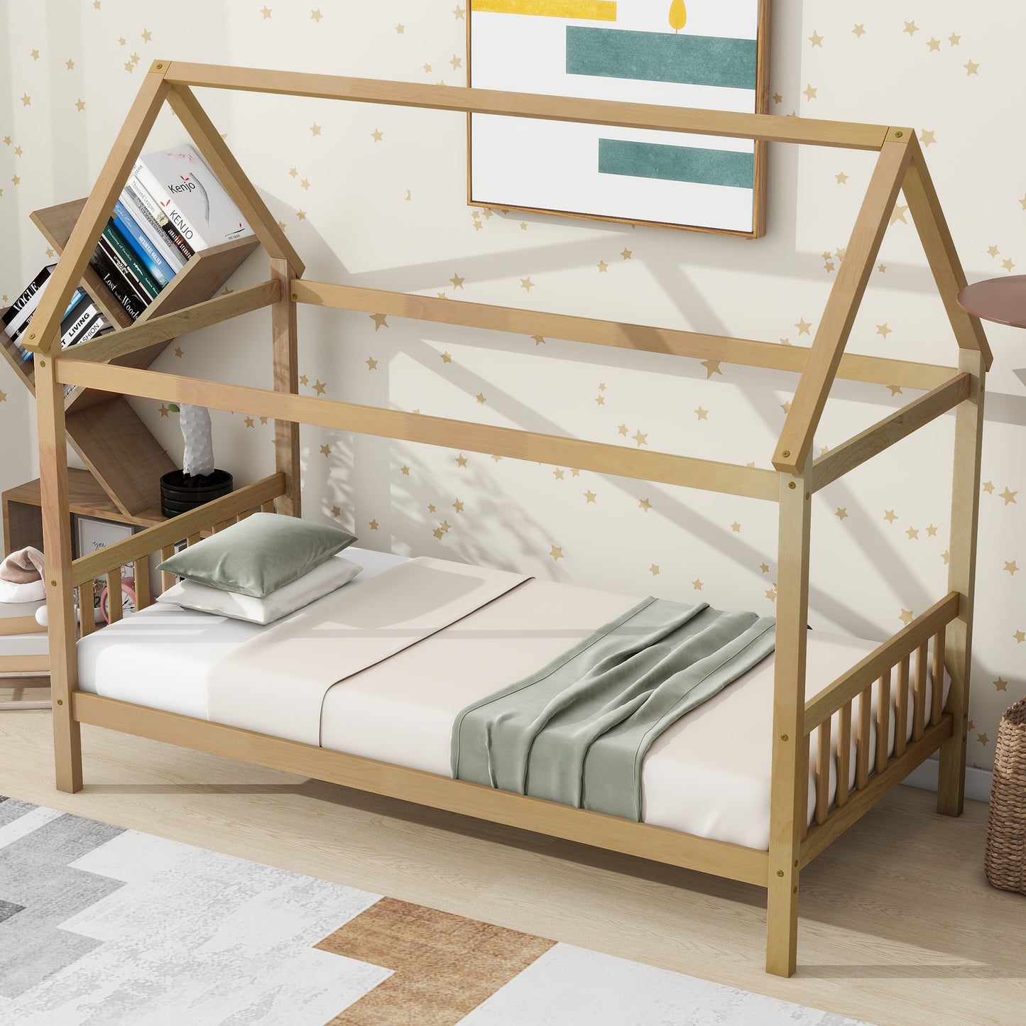Natural wood twin house bed frame with wooden slats and decorative roof structure