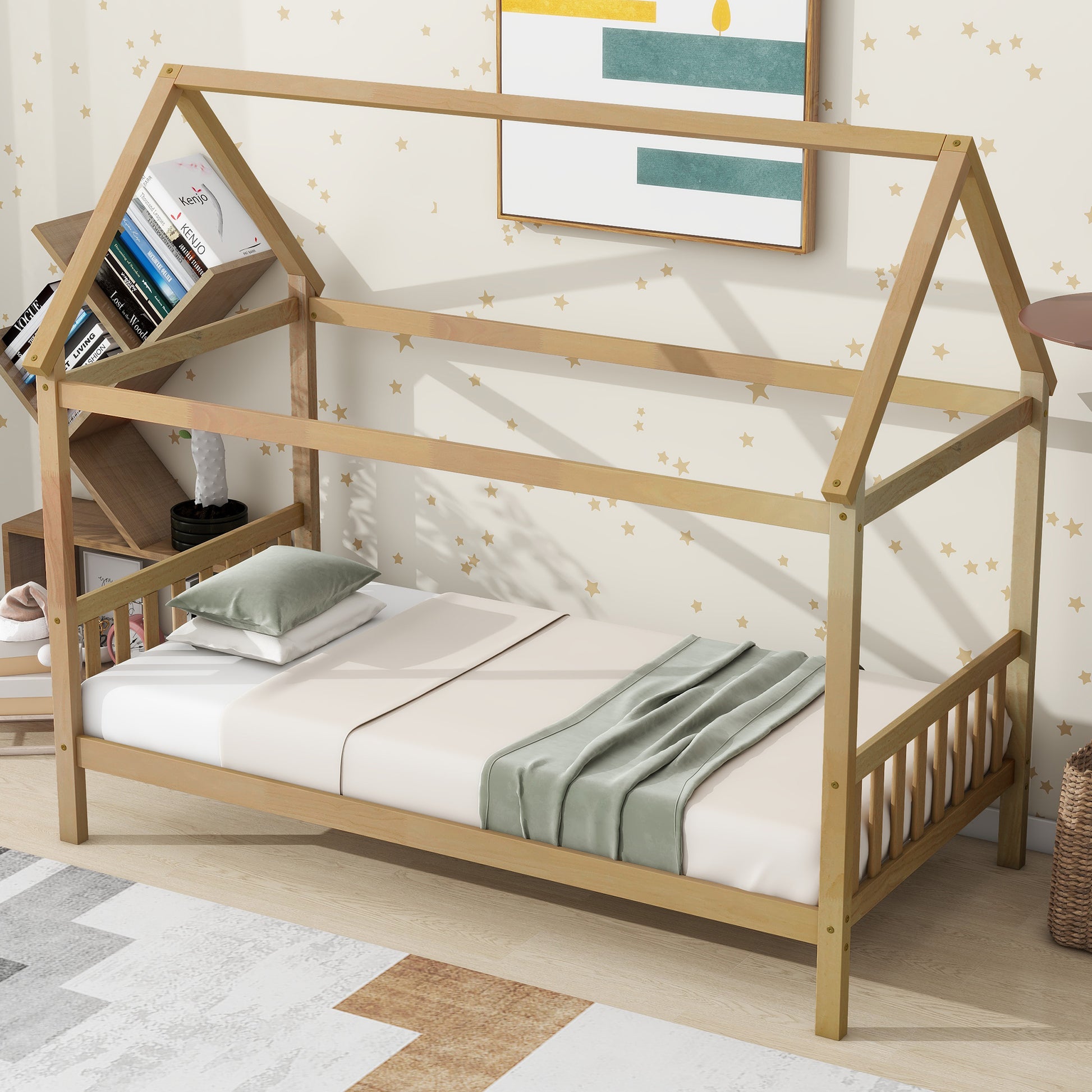 Natural wood twin house bed frame with wooden slats and decorative roof structure