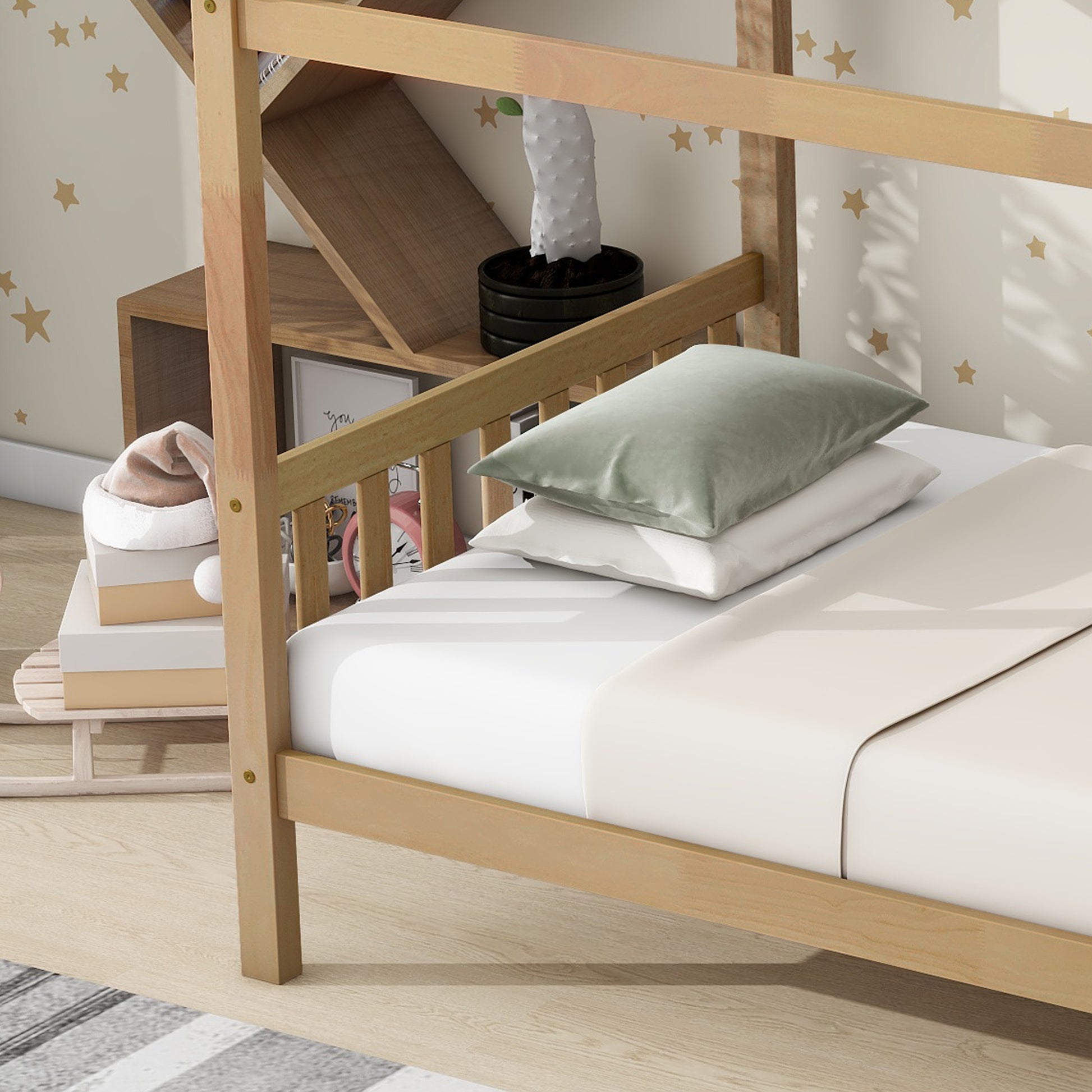Wooden bunk bed frame with white mattress and two pillows