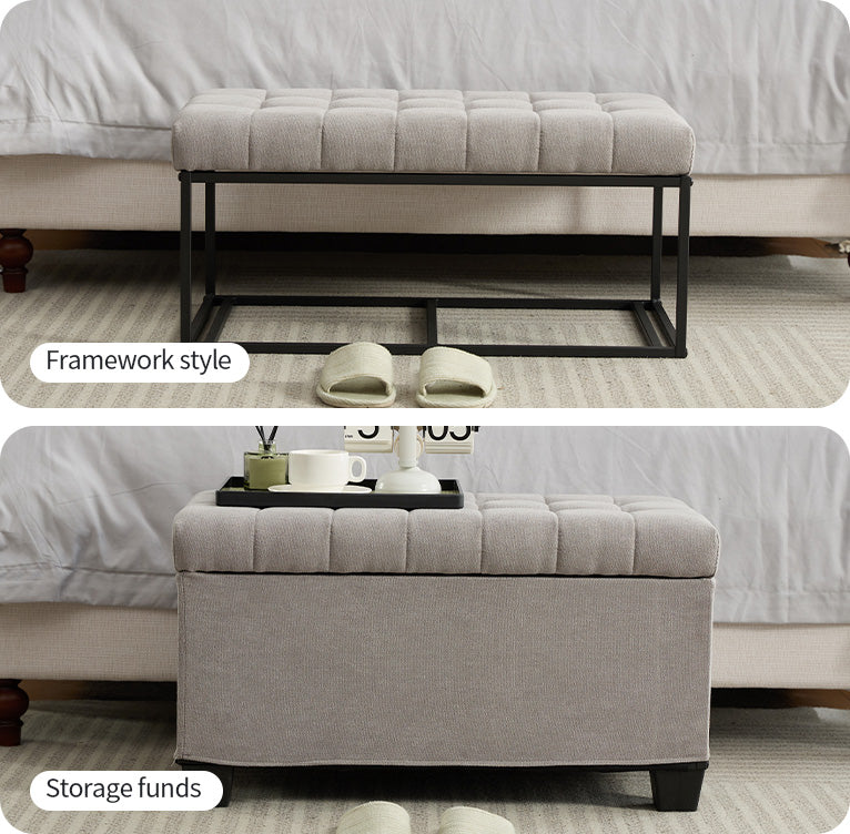 Tufted grey fabric ottoman with black metal frame