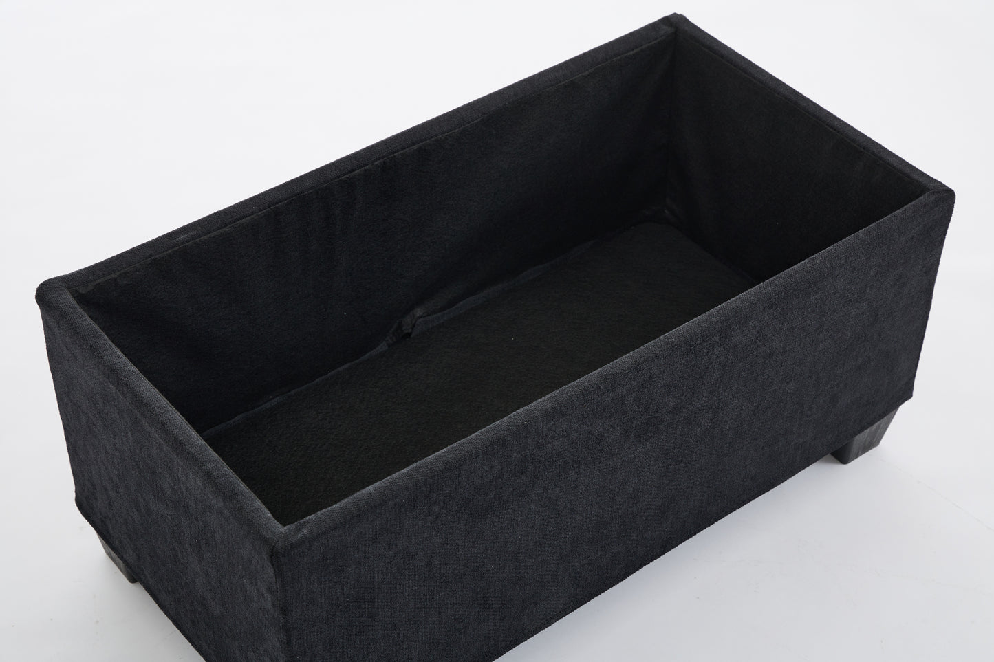Black fabric storage ottoman with wooden legs
