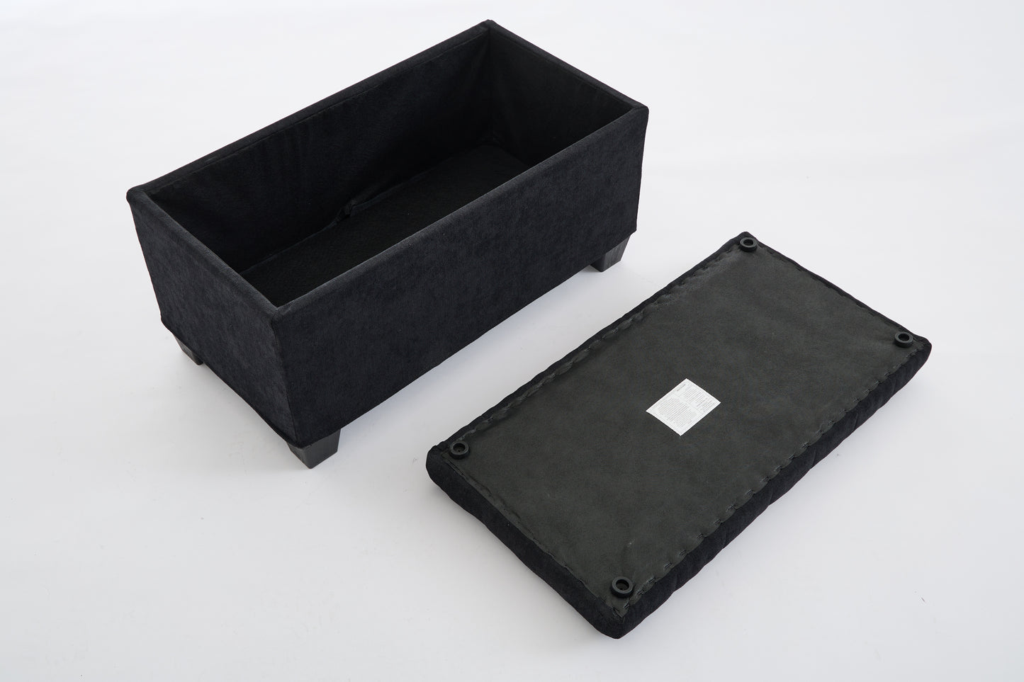 Black fabric storage ottoman with removable lid  wooden feet ideal for entryway or bedroom