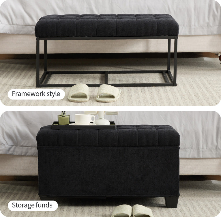 Black upholstered ottoman with tufted seat and metal frame