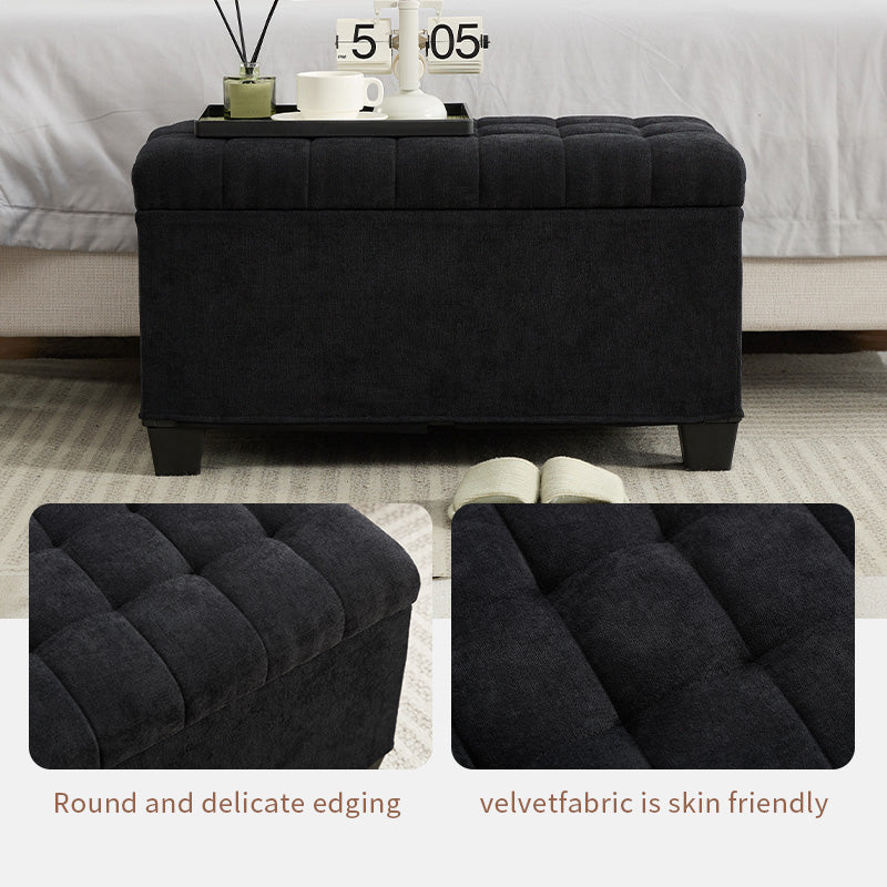 Black tufted storage ottoman with dark fabric and supportive wooden legs