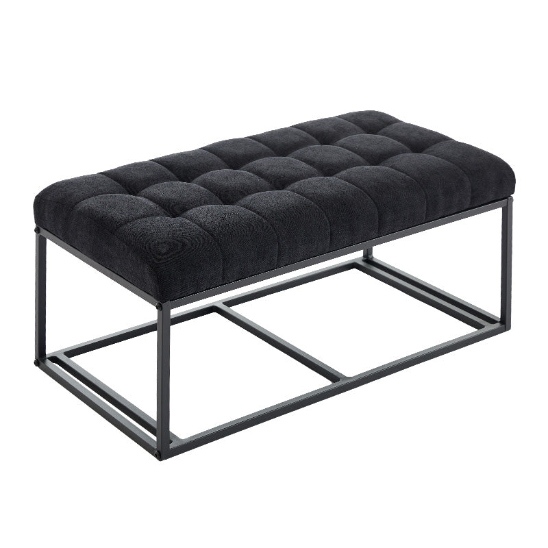 Black tufted upholstered bench with modern black metal frame