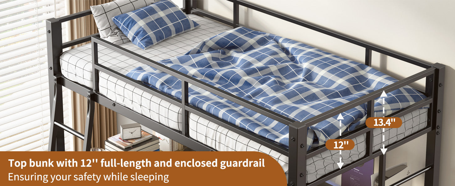 Black metal twin bunk bed with blue plaid bedding