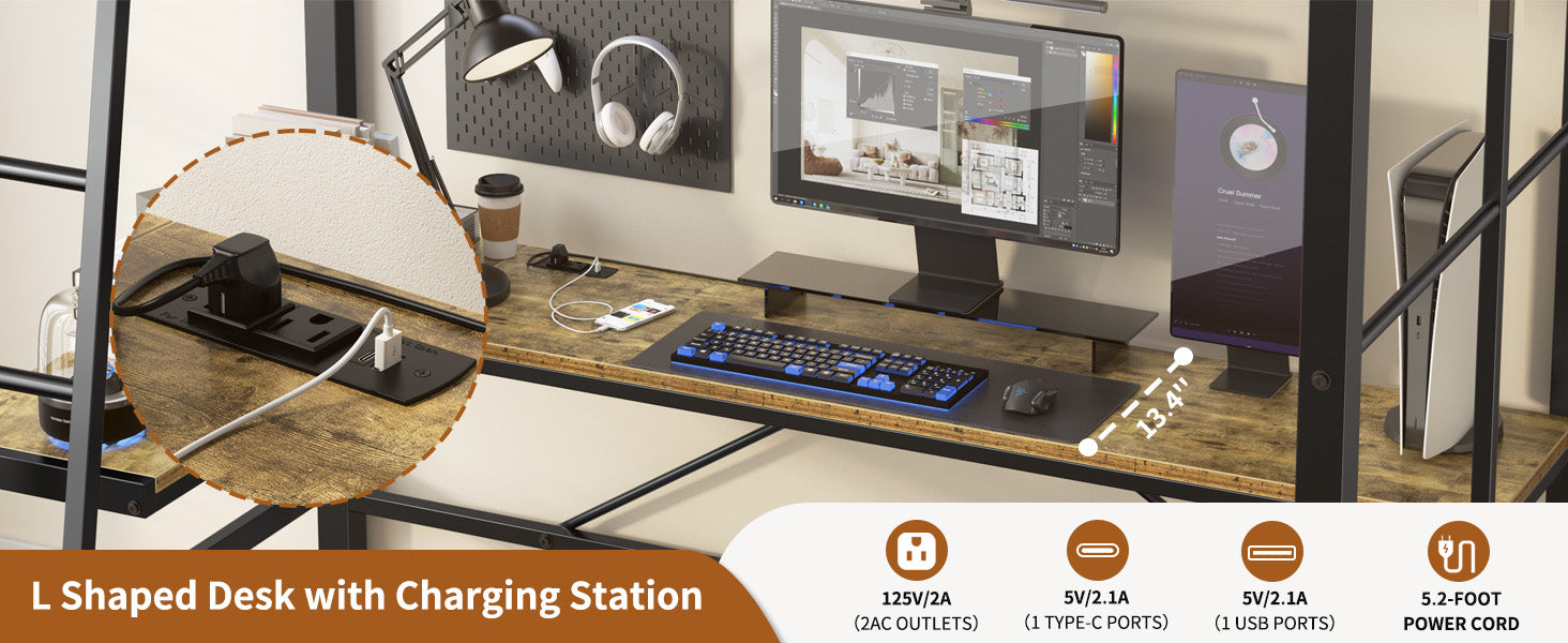 Rustic brown Lshaped desk with integrated charging station