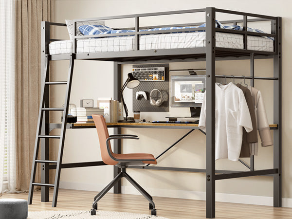 Black metal loft bed with desk and chair