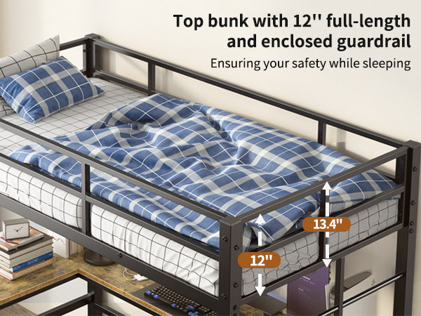 Black metal bunk bed with blue plaid bedding and fulllength guardrail