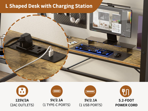 Rustic Lshaped desk with integrated charging station and outlets