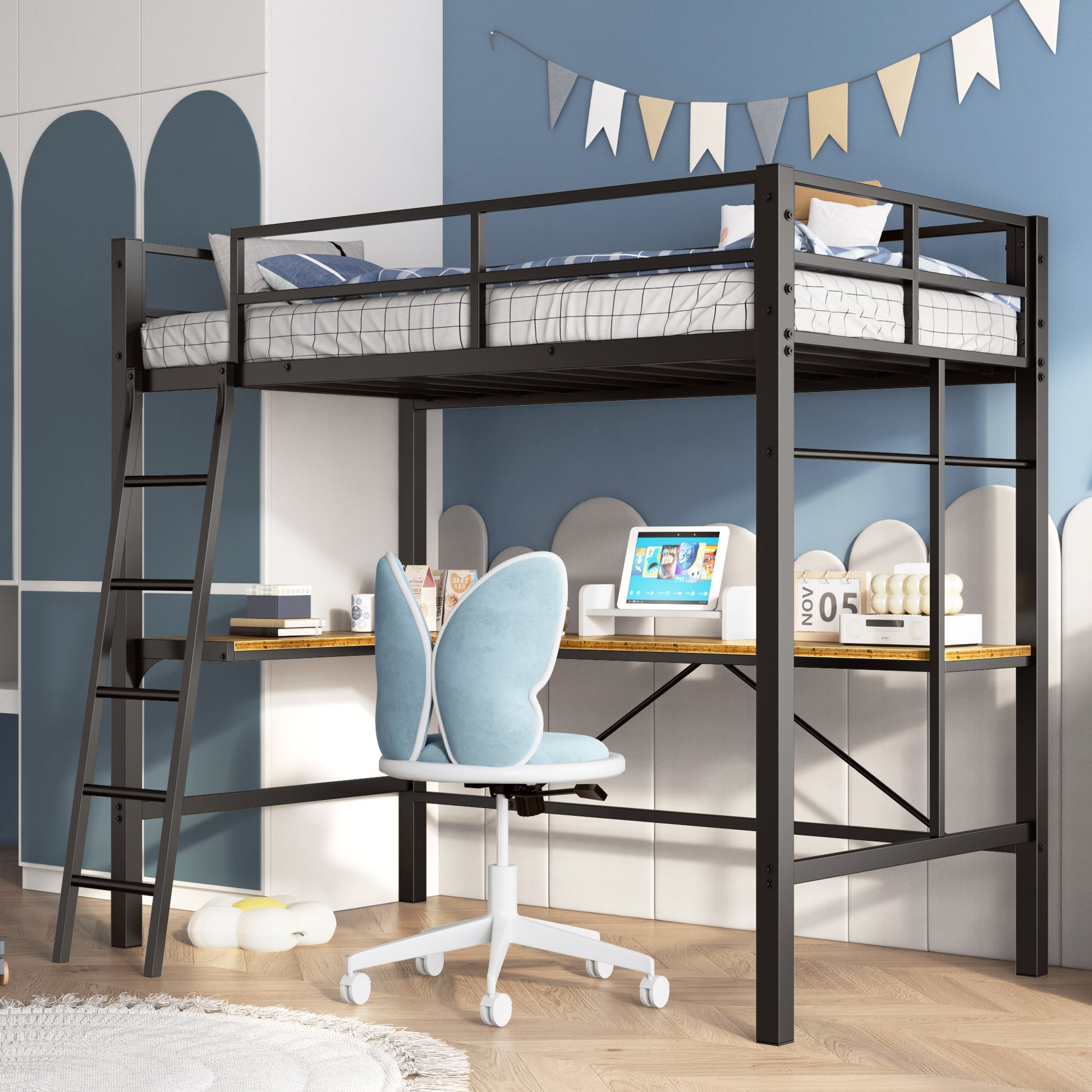 Black metal loft bed with desk and ladder perfect for dorm rooms