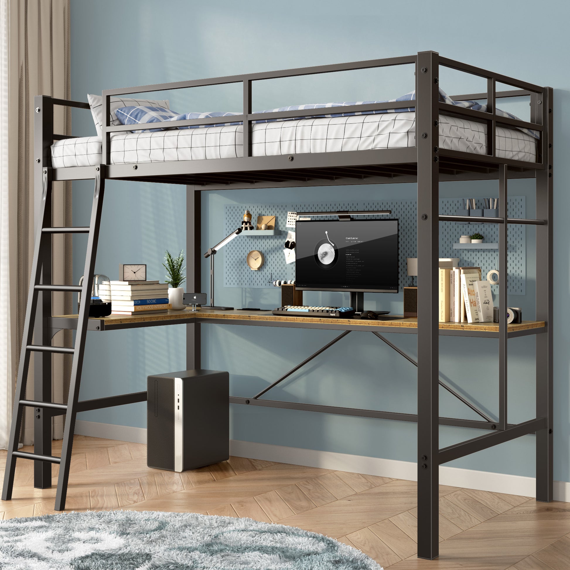 Metal loft bed with integrated desk and ladder in dark gray