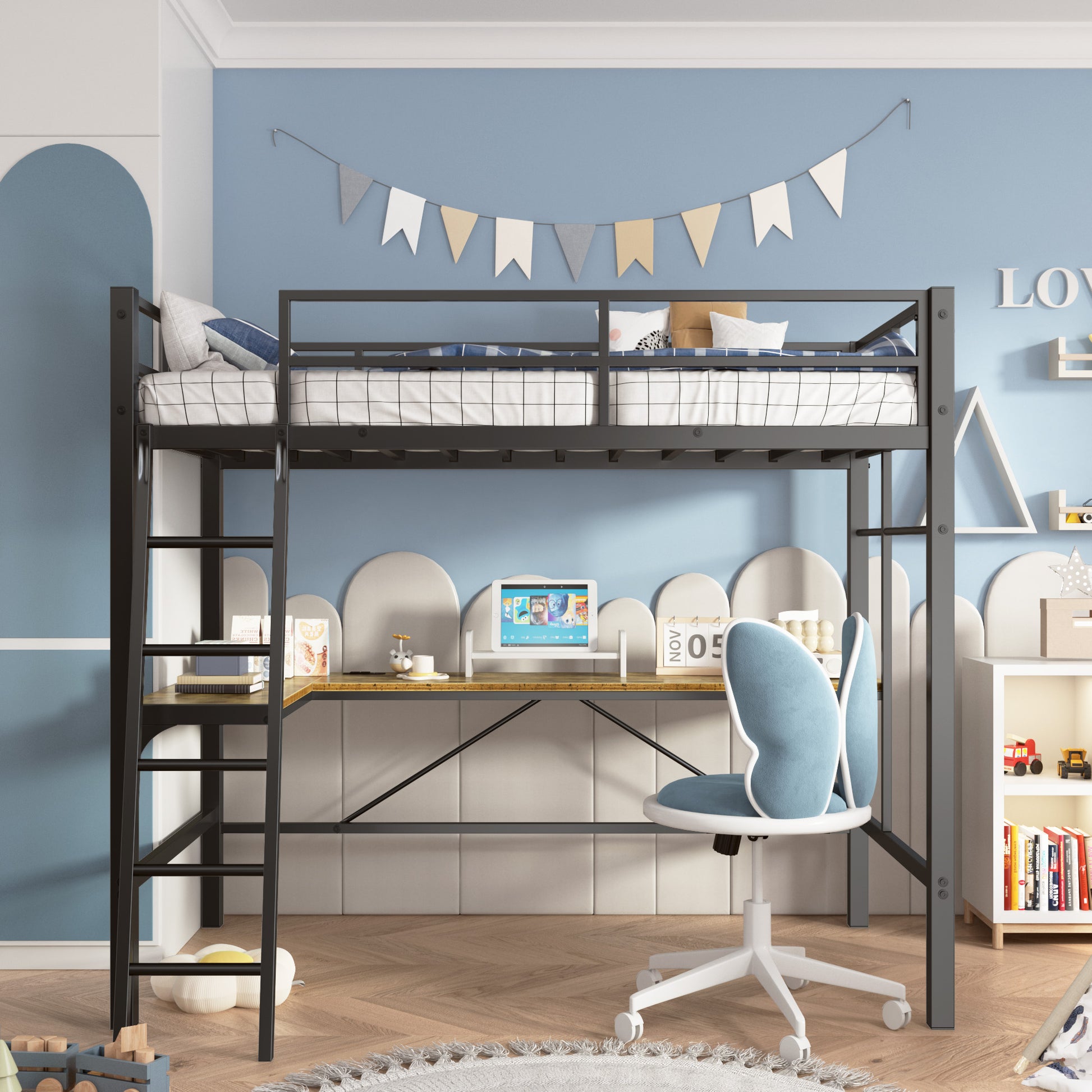 Gray metal loft bed with desk and blue chair