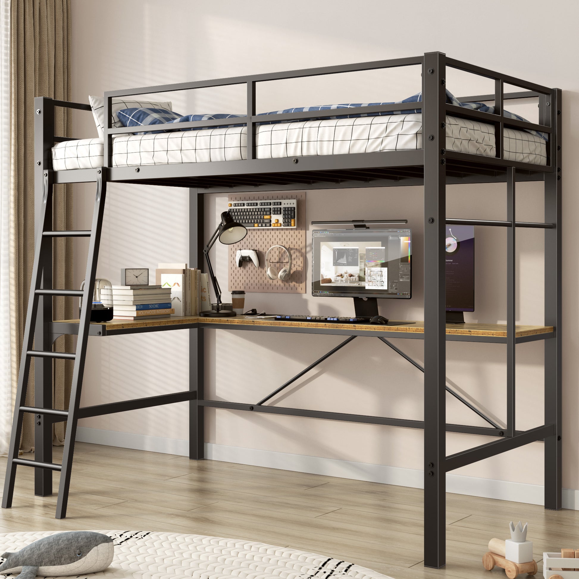 Black metal loft bed with integrated desk and ladder
