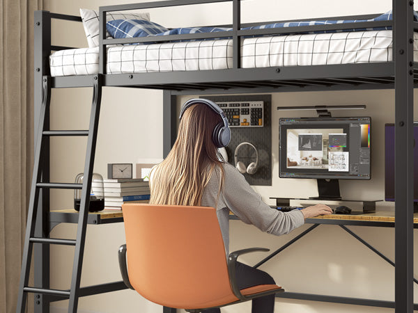 Black metal loft bed with desk