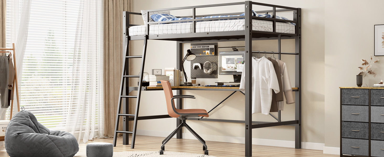 Metal loft bed with integrated desk and ladder