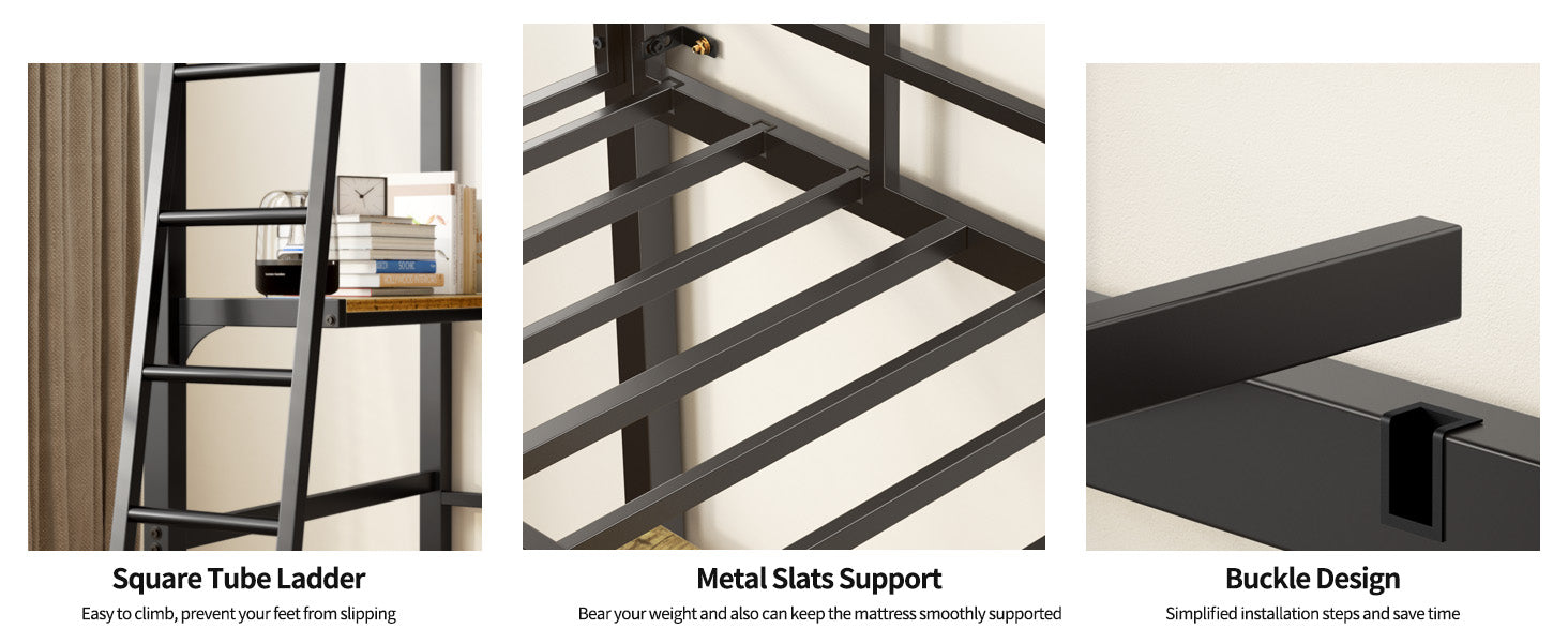 Black square tube ladder with books on a shelf