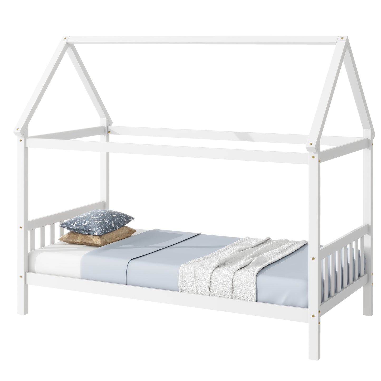 White wooden house bed frame with blue bedding and pillows