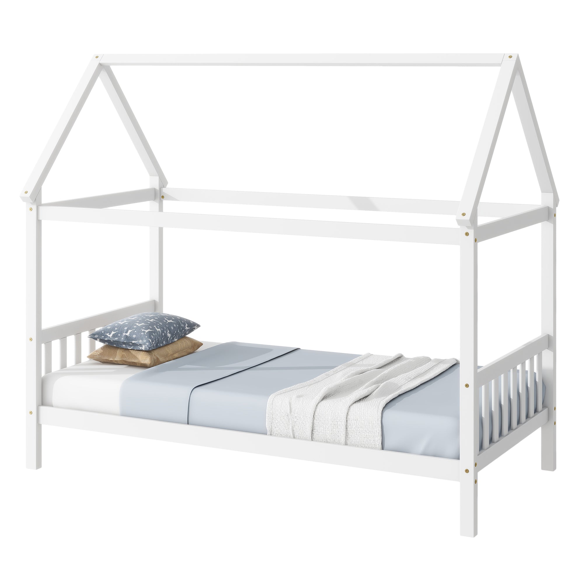 White wooden house bed frame with blue bedding and pillows