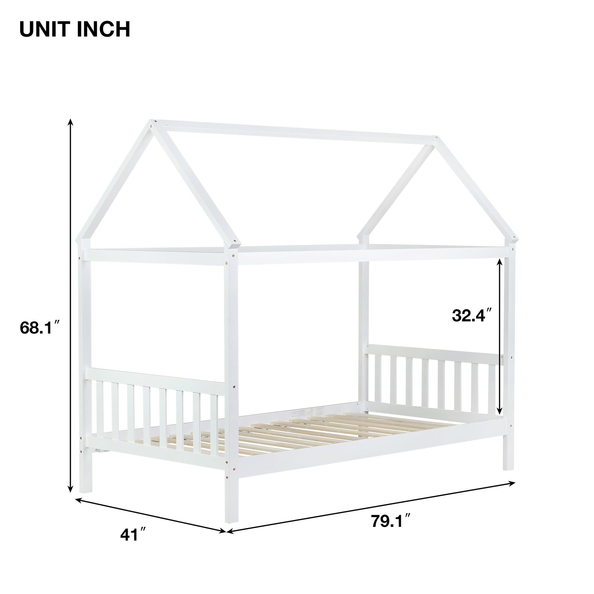 White wooden house bed frame with slatted base and detailed dimensions for bedroom setup