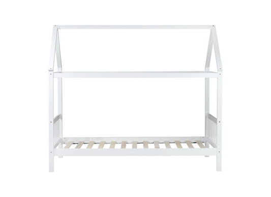 White wooden house bed frame with a Montessoriinspired design