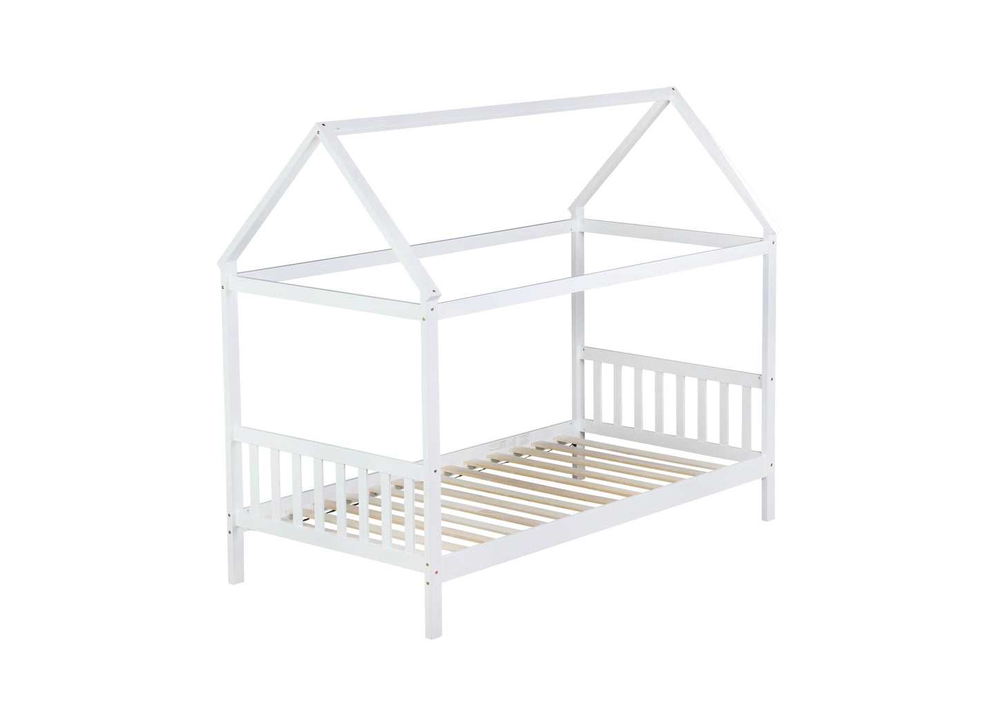 White wooden house bed frame with slats for children